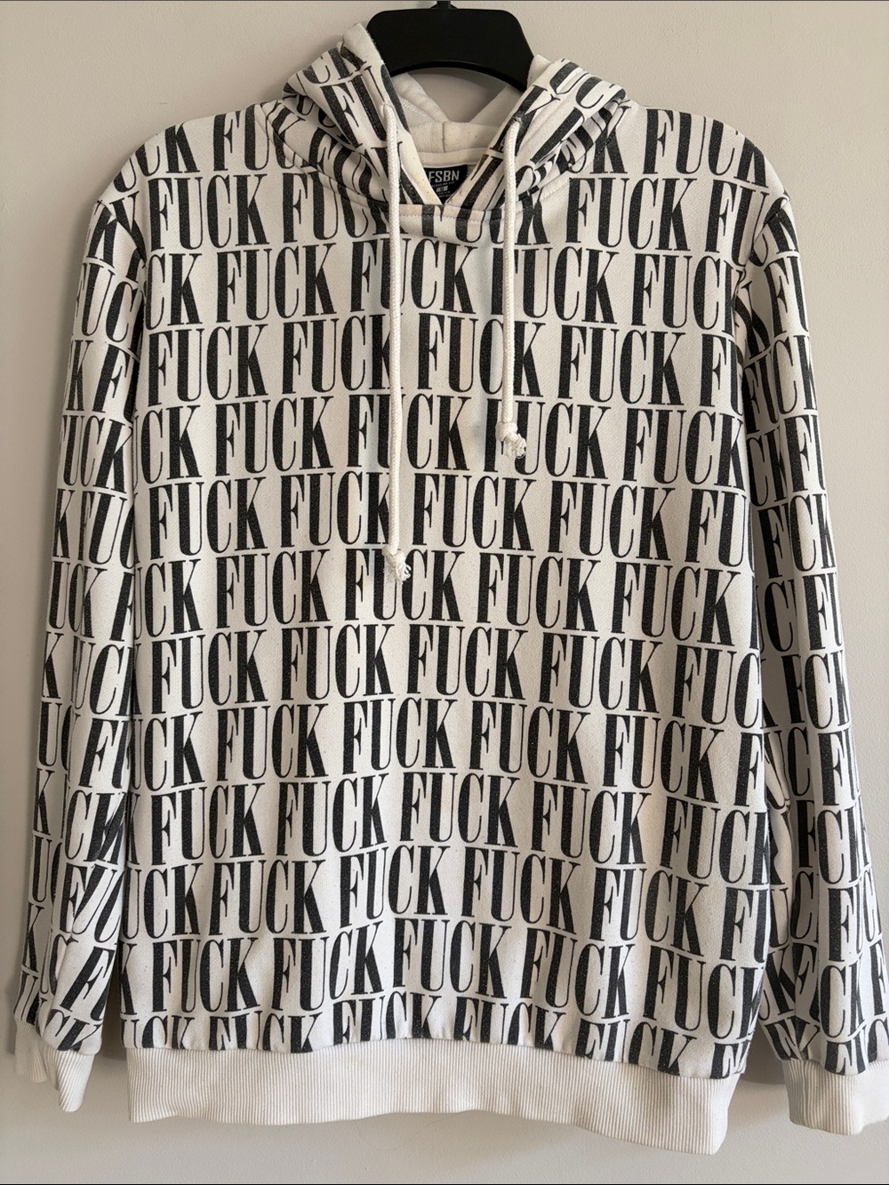 Men's Black & White Graphic Hoodie with All-Over Text Print